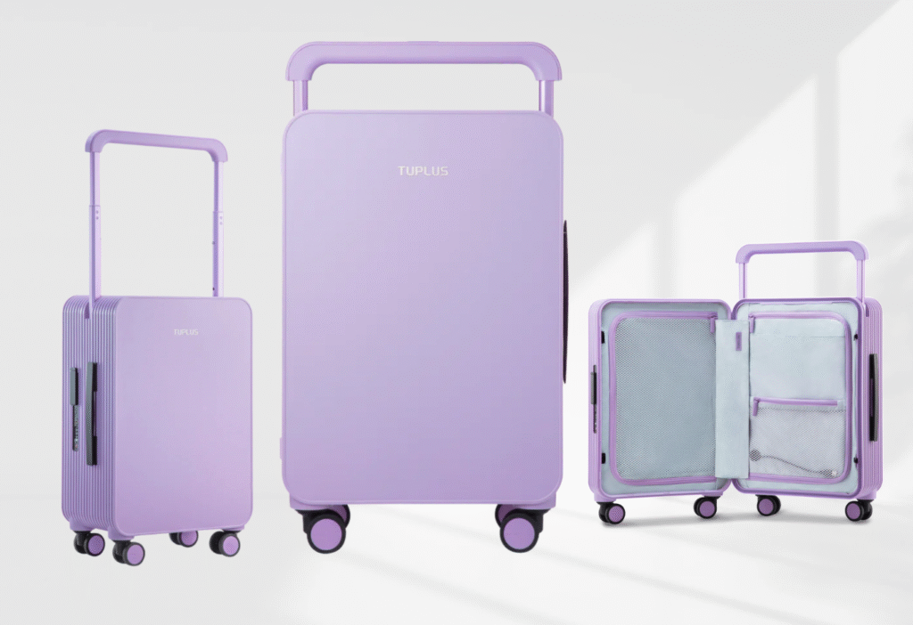 Tupulus luxury purple roller luggage with three-angle view on white background